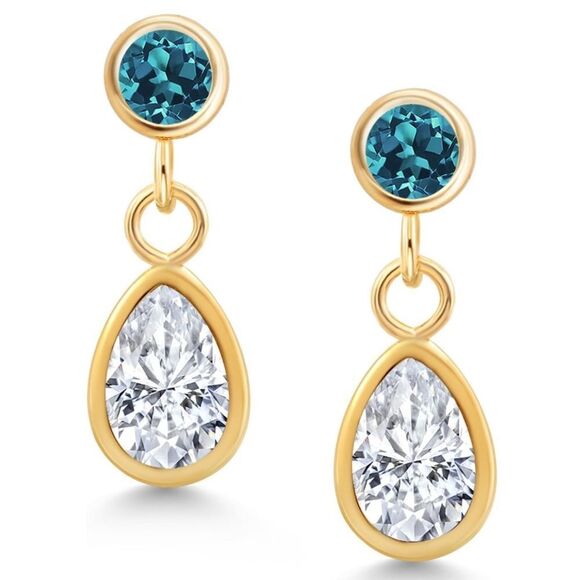 14K Yellow Gold with 1.06 Cttw White Moissanite and London Blue Topaz Earrings - Picture 1 of 4